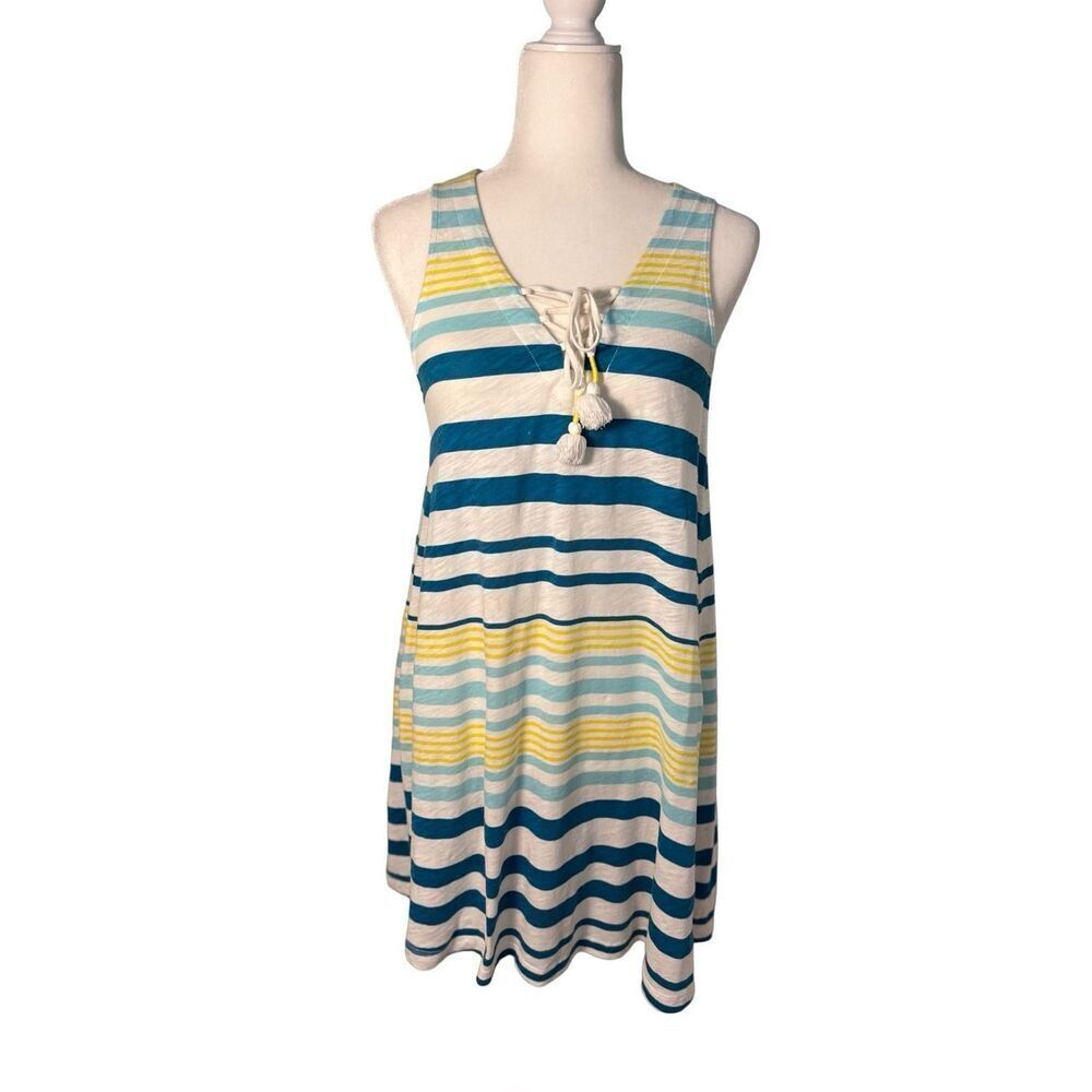 Loft white blue and yellow striped sleeveless Beach cover up with tassle tie - S